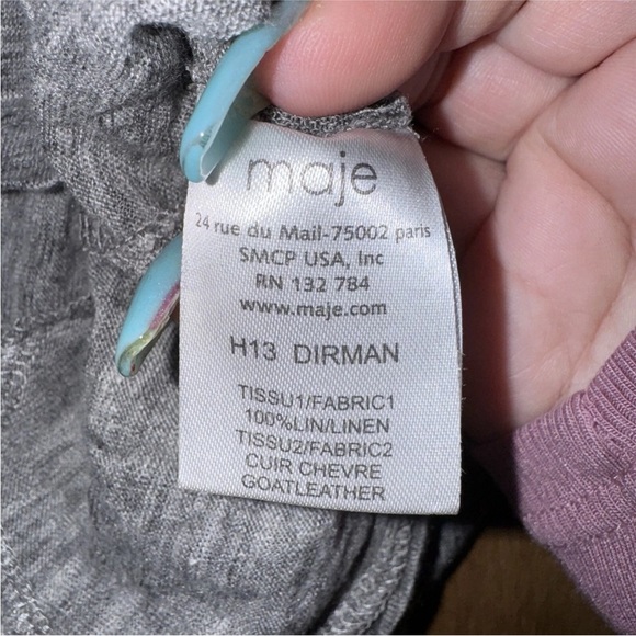 MAJE Gray Linen Goat Leather Trim Pockets 3/4 Sleeves Tee Shirt Size Small - Picture 10 of 12